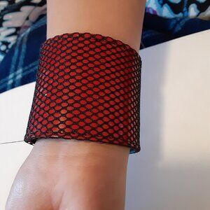 NEW FISHNET OVER RED PVC FAUX LEATHER Adjustable BRACELET